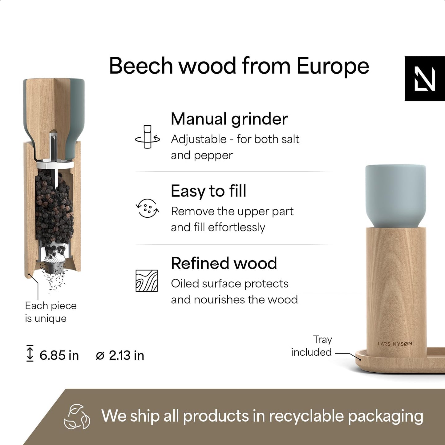 LARS NYSØM Wooden Salt and Pepper Grinder Set Manual with Tray - Salt and Pepper Mills with Adjustable Ceramic Grinder - Elegant Beechwood Pepper and Salt Mill Set for Dining Table (Blue)