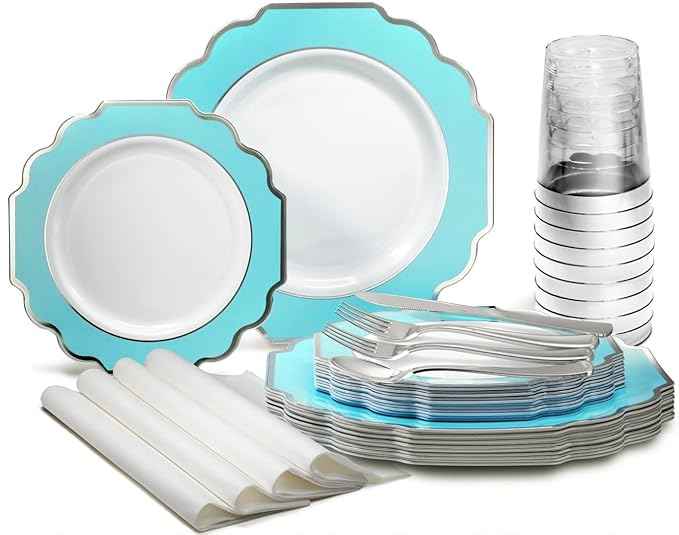 " OCCASIONS " 200 Piece set (25 Guests)-Wedding Plastic Plates & cutlery -Disposable heavyweight Dinnerware 10.5'', 8''+Silverware+10oz Cups+Napkins (Imperial Aqua & Silver)