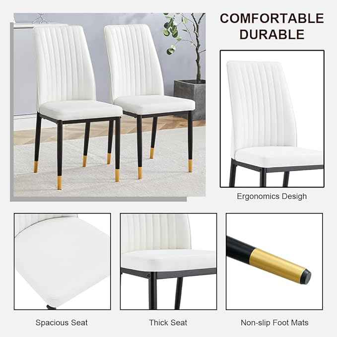Modern Dining Chairs Set - 4 White PU Leather Armless Chairs with Metal Legs for Dinner Room, Office, Waiting Room
