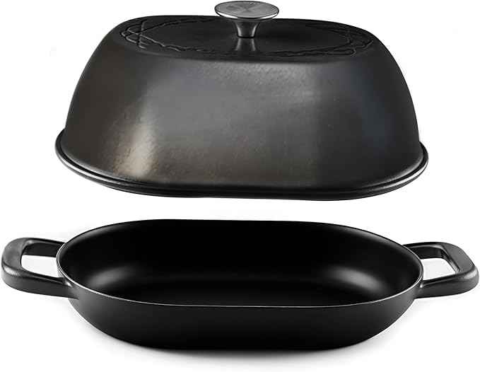 Enameled Cast Iron Dutch Oven for Professional Sourdough Bread Baking | 5.5 Quart Loaf Size Oval Cookware Pot with Lid | Triple-Layer Enamel Coating Pan with Non Stick Silicone Mat | Black