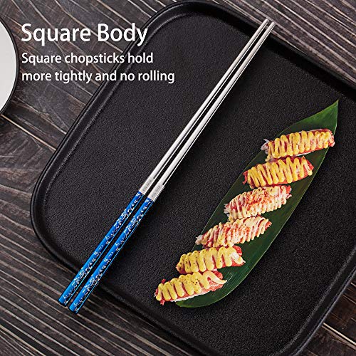 Titanium Plated Chopstick Stainless Steel Chopsticks Metal Chopsticks Reusable Dishwasher safe Premium Laser Engraved Chop Sticks for Eating 2 Pairs Gift Set Blue Silver (Blue silver)