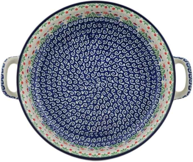 Polmedia Polish Pottery Round Baker with Handles 10-inch - Babcia's Garden Pattern Handmade in Boleslawiec Poland by Ceramika Artystyczna + Certificate of Authenticity