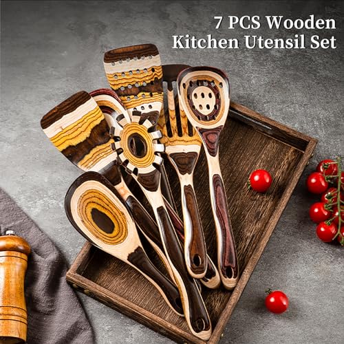 7 Piece Brown Pakkawood Utensils Set (7 PCS Brown)
