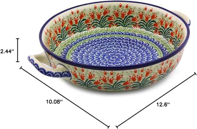 Polmedia Polish Pottery Round Baker with Handles 10-inch - Crimson Bells Pattern Handmade in Boleslawiec Poland by Ceramika Artystyczna + Certificate of Authenticity