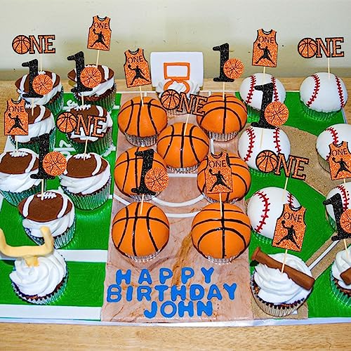 24Pcs Basketball One Cupcake Toppers Glitter Number 1 First Birthday Basketball Cupcake Picks for Sports Theme Baby Shower Kids 1st Birthday Party Cake Decorations Supplies (24 Count)