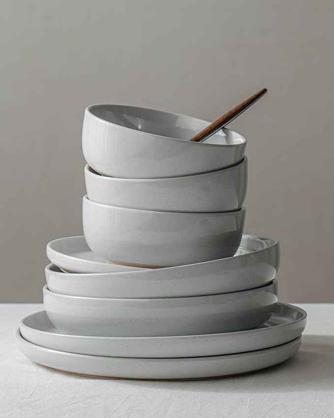 Famiware Milkyway Stoneware Dinnerware Sets with Pasta Bowls, Service for 6 (24 Pieces), Plates and Bowls Sets -Scratch Resistant, Microwave and Dishwasher Safe Dishes Set, Light Gray
