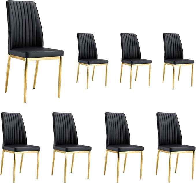 Black Dining Chairs Set of 8 Modern PU Leather Kitchen Chairs with Metal Legs Armless Upholstered Chair for Dinner Room, Office, Waiting Room(Set of 8, Black Golden Chair)