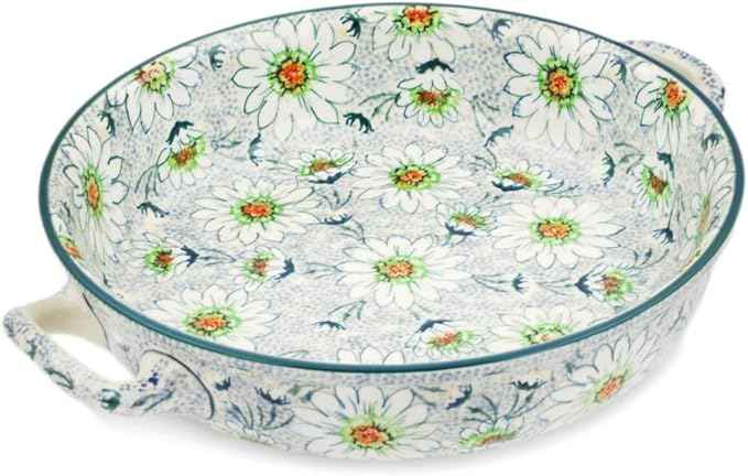 Polmedia Polish Pottery Round Baker with Handles 10-inch UNIKAT - Sea Of Daisies Pattern Handmade in Boleslawiec Poland by Ceramika Artystyczna + Certificate of Authenticity