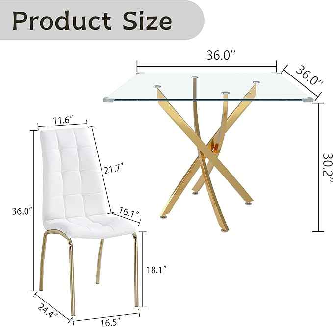 5 Piece Square Glass Dining Table Set, Round Tempered Glass Kitchen Table for 4, Modern Table with 4 High-Back Upholstered Chairs for Kitchen Dining Room (Gold Legs, 4 White Chairs)