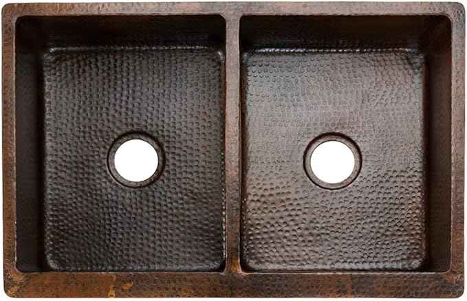 Premier Copper Products KA50DB33229 33-Inch Hammered Copper Kitchen Apron 50/50 Double Basin Sink, Oil Rubbed Bronze