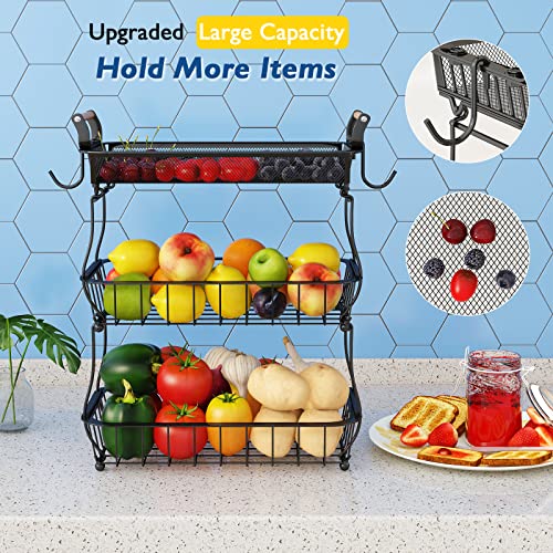 3 Tier Fruit Basket with 2 Banana Hangers (Black (3 Tier with Banana Hangers - Mesh Top))