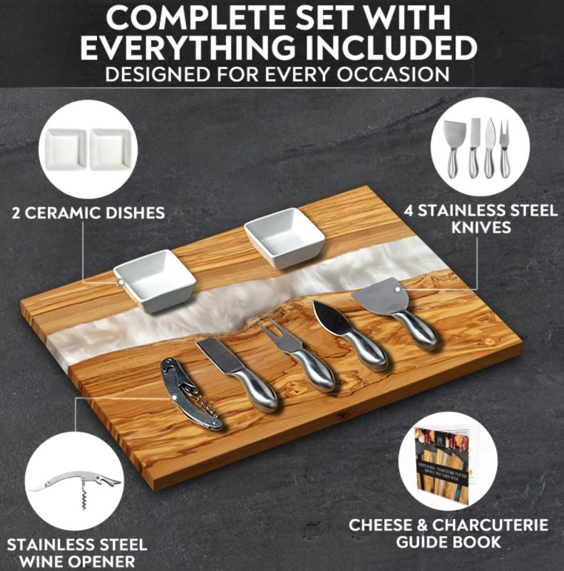 Handcrafted Italian Olive Wood Cheese & Charcuterie Board Set with Unique White Pearl Resin Artwork (White Pearl)