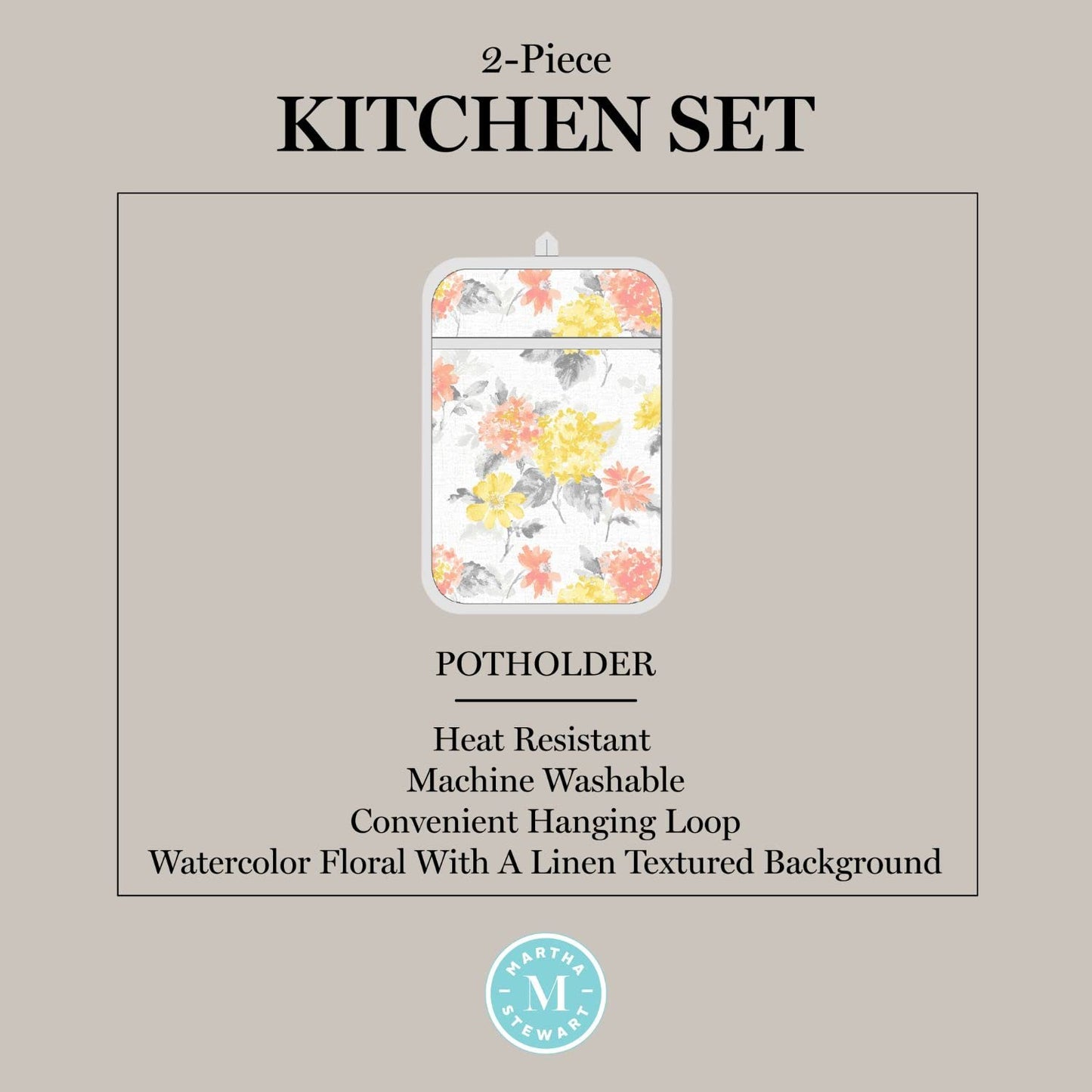 Amber Floral Oven Mitt & Pot Holder Set 2 (Yellow/Coral)