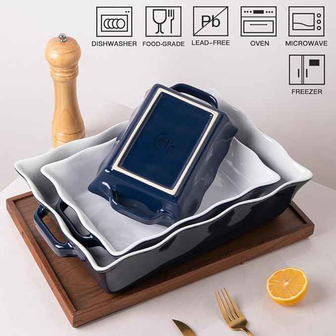 Sweejar Casserole Dishes for Oven, Ceramic Bakeware Set of 3, Rectangular Baking dish with Handles, Wave Edge Lasagna Pan Deep for Cooking, Cake, Dinner, Banquet and Daily Use (Navy)