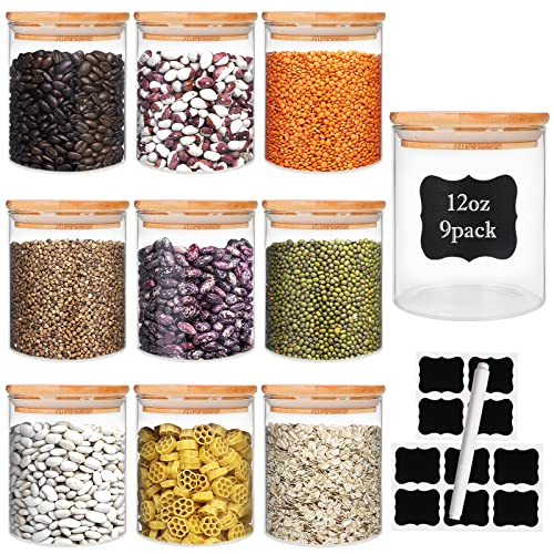 9 Pack 12 oz Glass Jars with Airtight Bamboo Lids for Kitchen
