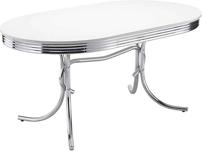 Coaster Home Furnishings Retro 1950s Soda Fountain Diner Oval Dining Room Table White Laminate Top Sturdy Steel Chrome Base 2065
