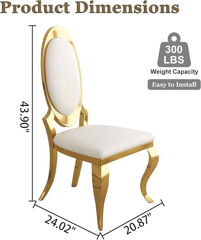 Modern Dining Chairs Set of 6, Luxury Faux Leather Upholstered Armless Dining Room Chair with Mirrored Stainless Steel Gold Legs, Mid Century Accent for Wedding Party Banquet Reception, White