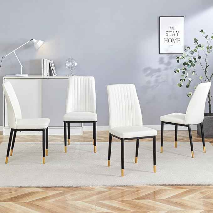 Modern Dining Chairs Set - 8 White PU Leather Armless Chairs with Metal Legs for Dinner Room, Office, Waiting Room