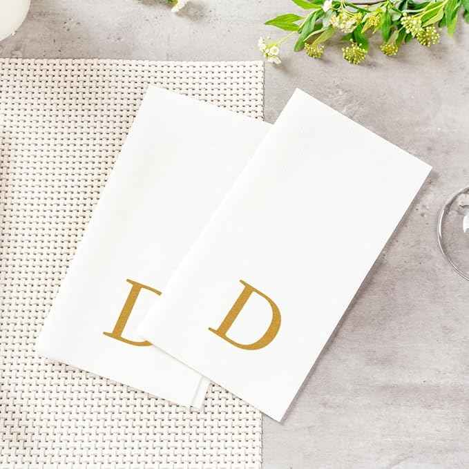 Luxenap 15.8 X 7.9 Inch Linen-Feel Guest Towels, 50 Lettered Hand Towels - Gold Letter 'D', Sans Serif Font, White Paper Dinner Napkins, airlaid, For Restrooms And Tables - Restaurantware