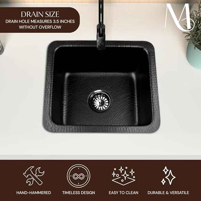 Monarch Abode Kitchen & Bar Sink – 17-inch Highball Dual Mount Drop in Kitchen Sink, Hand Hammered Matte Black Aluminum Sinks, Drop in Bar Sinks or Undermount, Deep Single Rectangular Bowl