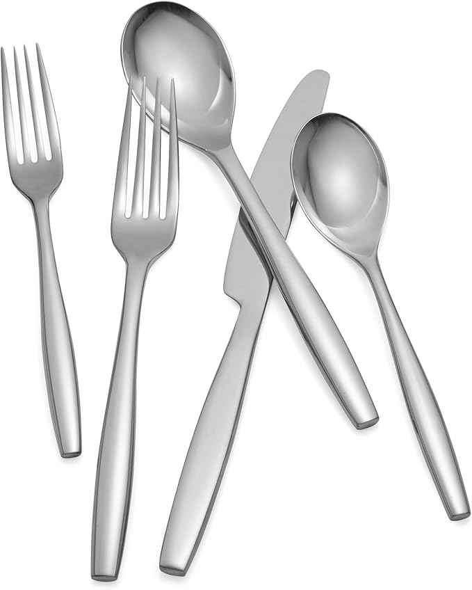 nambe Aidan Flatware Set, 45-Pc Set, 18/10 Mirror Stainless Steel Silverware Cutlery Set, Designed for Home Kitchens or Restaurants, Service for 8 and a 3pc Hostess Utensil Set, Dishwasher Safe