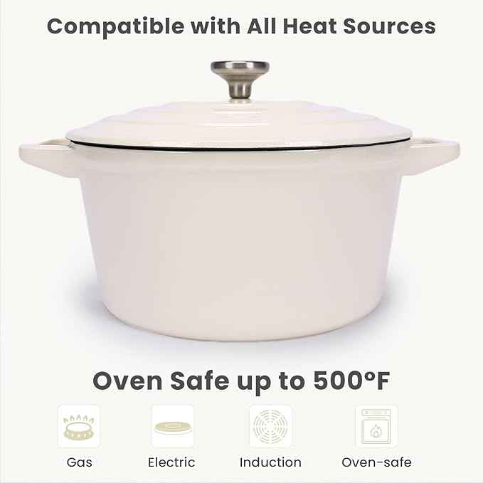 QuliMetal Enameled Cast Iron Set 5-Pc, 10" Stackable Space-Saving Cookware Set, Dutch Oven, Skillet, Grill Pan, with 2 Universal Lid, Versatile Enamel Dutch Oven, Included Spacers, White