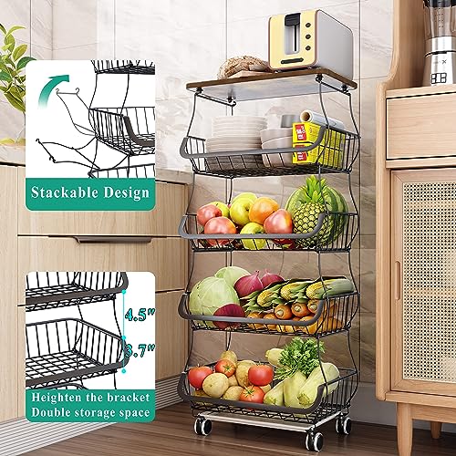 5 Tier Fruit and Vegetable Basket Stand for Kitchen (Black / 5 Tiers)