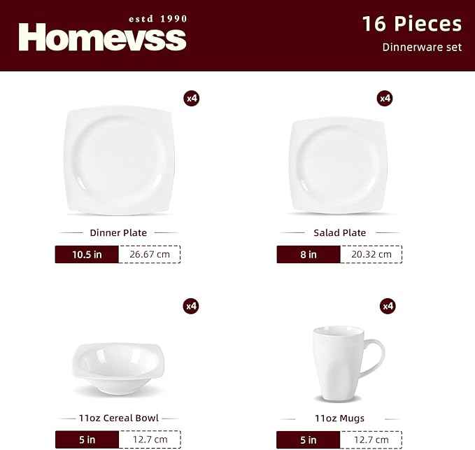 HomeVss, New Bone China Dinnerware Set, Rim Square Shape, 16pc Set