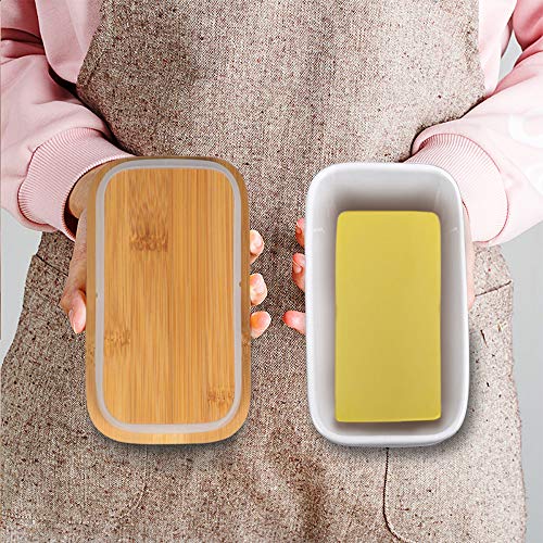 Ceramic Butter Dish with Bamboo Lid and Stainless Steel Knife Spreader (White)