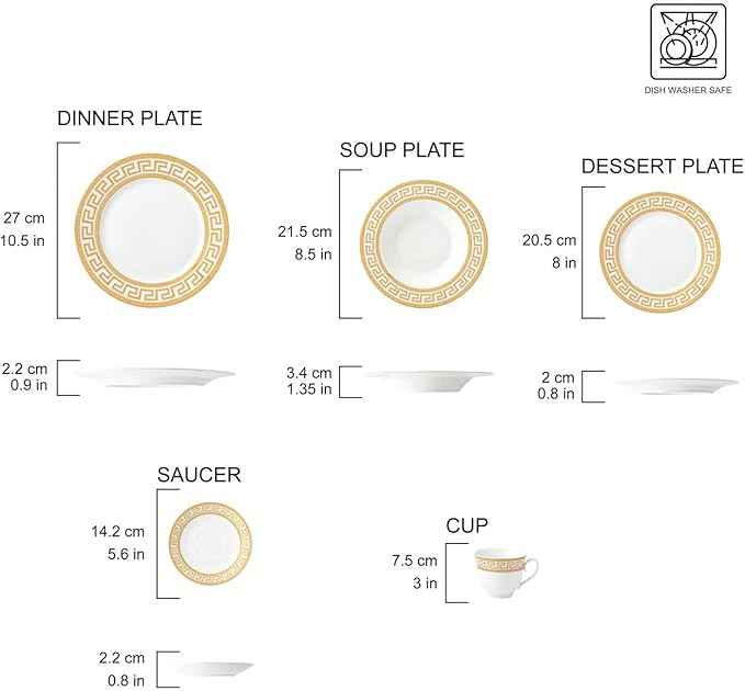 HOMEHUT 80 Pieces Vintage Gold Dinnerware and 18/10 Premium Stainless Steel Silverware Flatware Set - Greek Key Gold HQ Fine China Tableware Service for 8 People