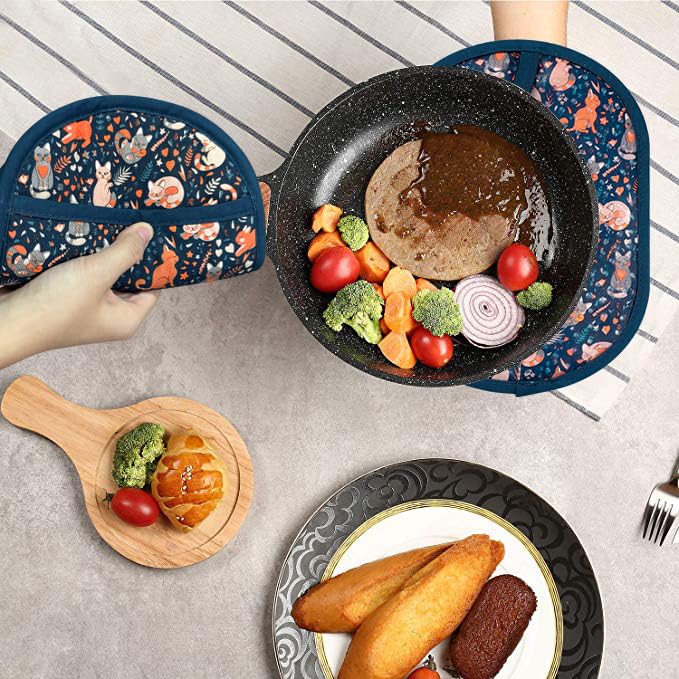 Pot Holders with Transparent Clear Silicone Shell and Nice Cat Flower (Potholders / Navy, Cat)