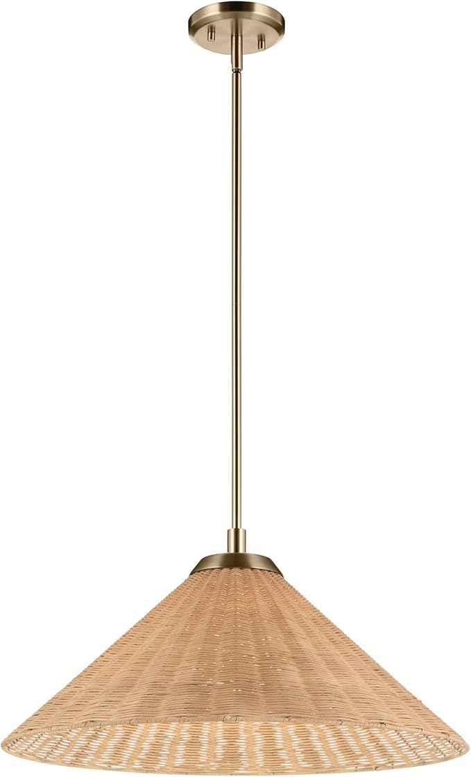 KICHLER Bekah 1-Light Convertible Pendant, Boho Light with Opal Glass and Handwoven Rattan Shade in Champagne Bronze, Sloped Ceiling Compatible, for Dining or Living Room (11.75" x 24.25"), 52730CPZ