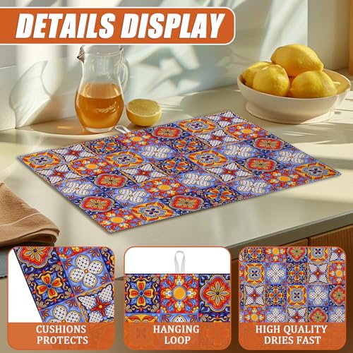 Talavera Mexican Tiles Dish Drying Mat for Kitchen Counter Microfiber Absorbent Dish Kitchen Drying Mat Draining Reusable Washable for Dishes