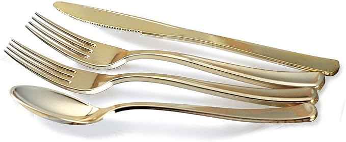 " OCCASIONS " 200 Piece set (25 Guests)-Wedding Plastic Plates & cutlery -Disposable heavyweight Dinnerware 10.5'', 8'' + Silverware + Cups + Napkins (Imperial Ivory & Gold)