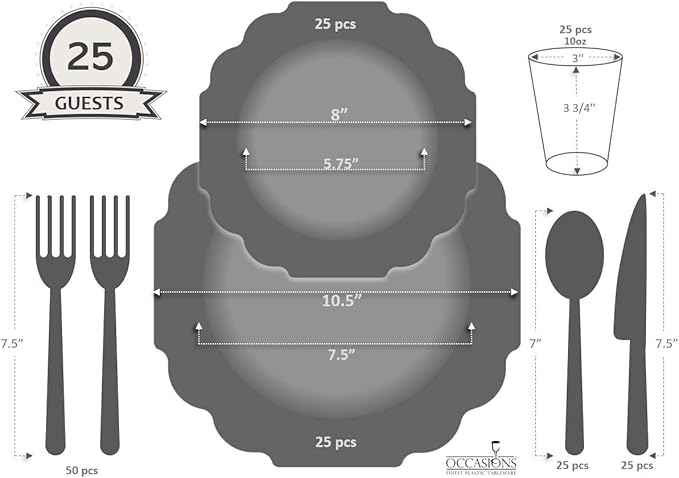 " OCCASIONS " 200 Piece set (25 Guests)-Wedding Plastic Plates & cutlery -Disposable heavyweight Dinnerware 10.5'', 8'' + Silverware + Cups + Napkins (Imperial in Rose Pink & Gold)