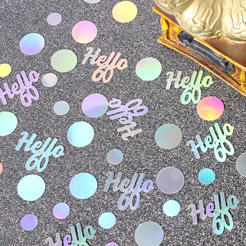 Hello 60 Birthday Confetti for Table Iridescent 60th Birthday Party Decorations for Women Sixty Years Old Happy Birthday Tables Scatter Circle Dots Party Confetti Anniversary Decor 300PC (230 Count)