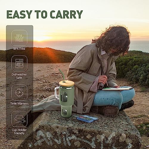 Glass Tumbler with Straw and Lid (Olive / 40 Ounces)