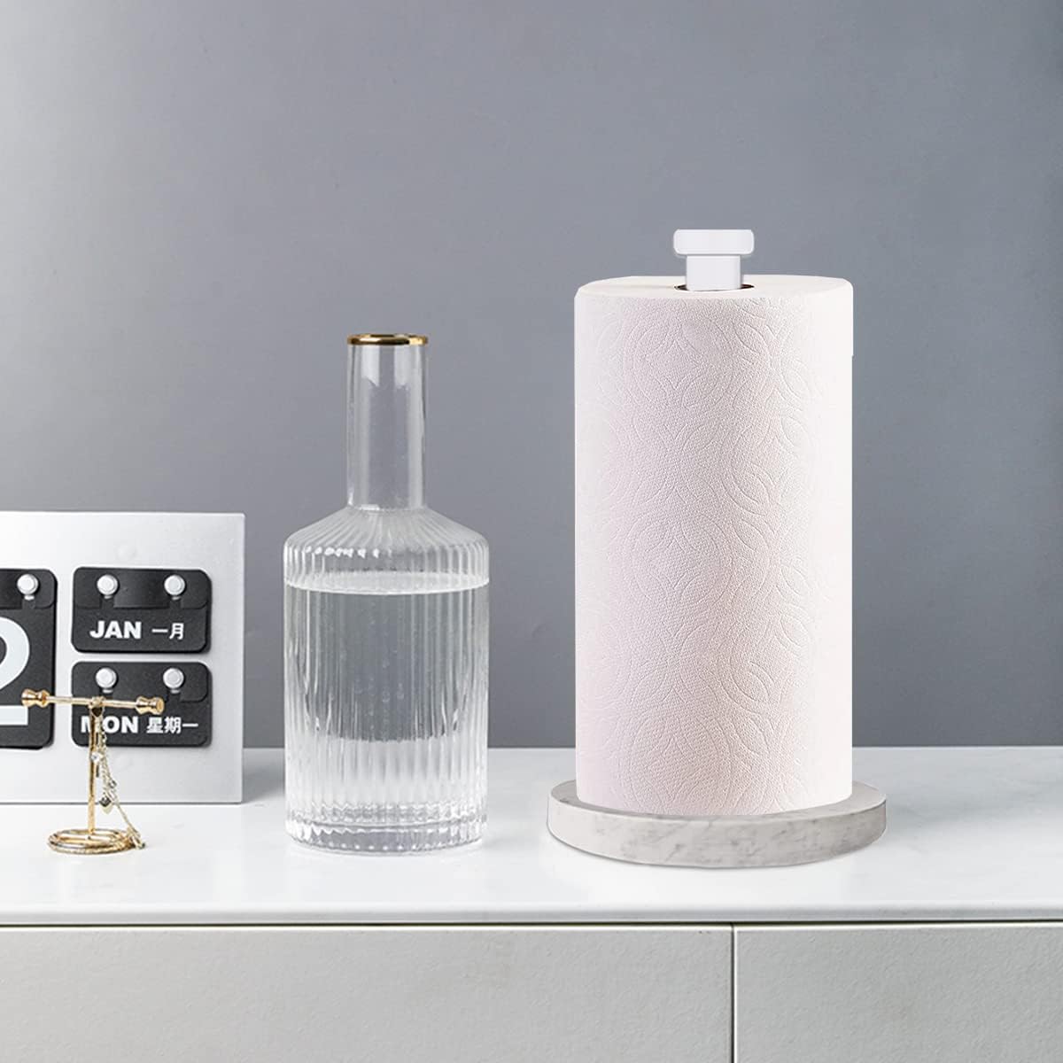 Paper Towel Holder Countertop, Standing Paper Towel Roll Holder for Kitchen Bathroom, with Weighted Marble Base for One-Handed Operation (White), White Marble Paper Towel Holder