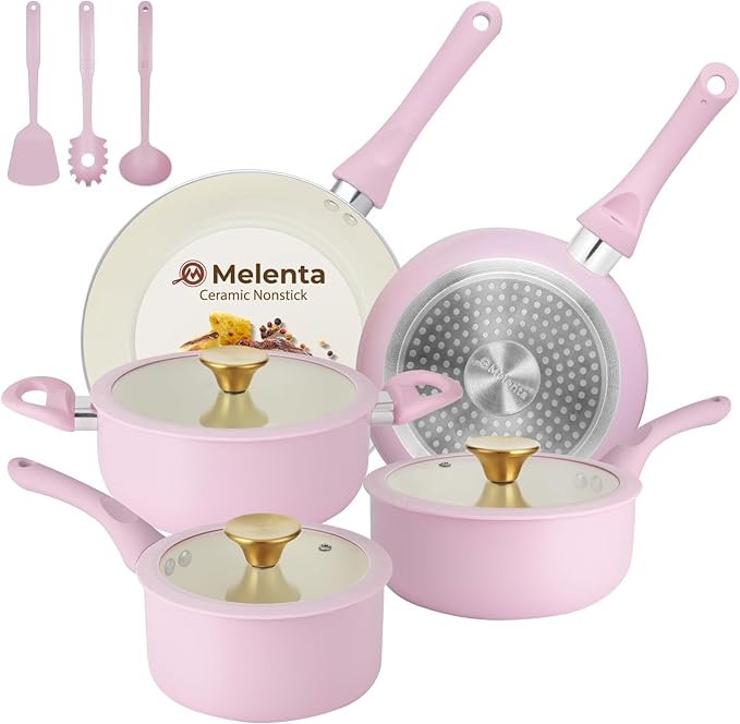 M MELENTA Pots and Pans Set Non Stick, Pink Ceramic Cookware Set, 11-Piece Induction Cookware, Non Toxic Healthy Kitchen Cooking Set, Gold Knobs Lids, Stay-Cool Handles