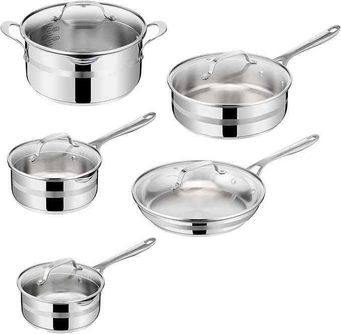 Jamie Oliver by T-fal Cook Smart 10-Piece Cookware Set, Uncoated Stainless Steel, Robust, Fast Heating, Even Cooking, Riveted Handle, Induction safe, Oven and dishwasher safe