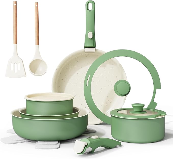 Bazova Ceramic Nonstick Cookware Set, Healthy,Non Toxic,17-Pieces Pots and Pans Set Removable Handles,Induction RV Kitchen Set,Stain & Scratch-resistant,Dishwasher/Oven Safe,PFAS/PFOA Free,Green