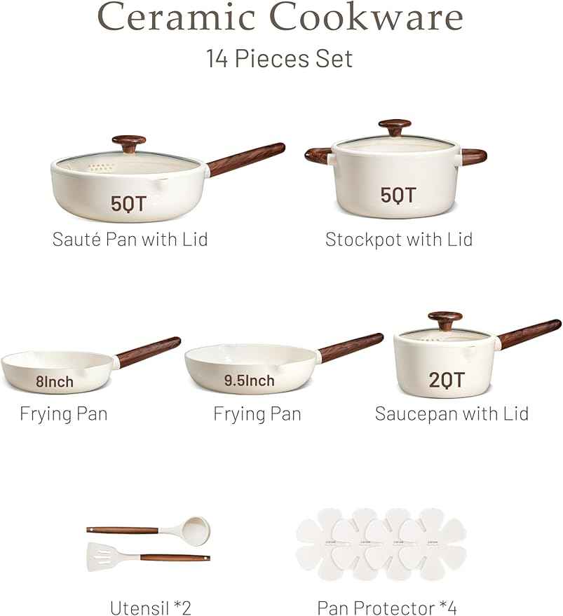 CAROTE Ceramic Cookware Sets, Pots and Pans Set Non stick, Non Toxic Healthy Induction Cookware, 14 Pcs Nonstick Kitchen Pots and Pans Set, PFAS PTFE Free, Dishwasher Safe