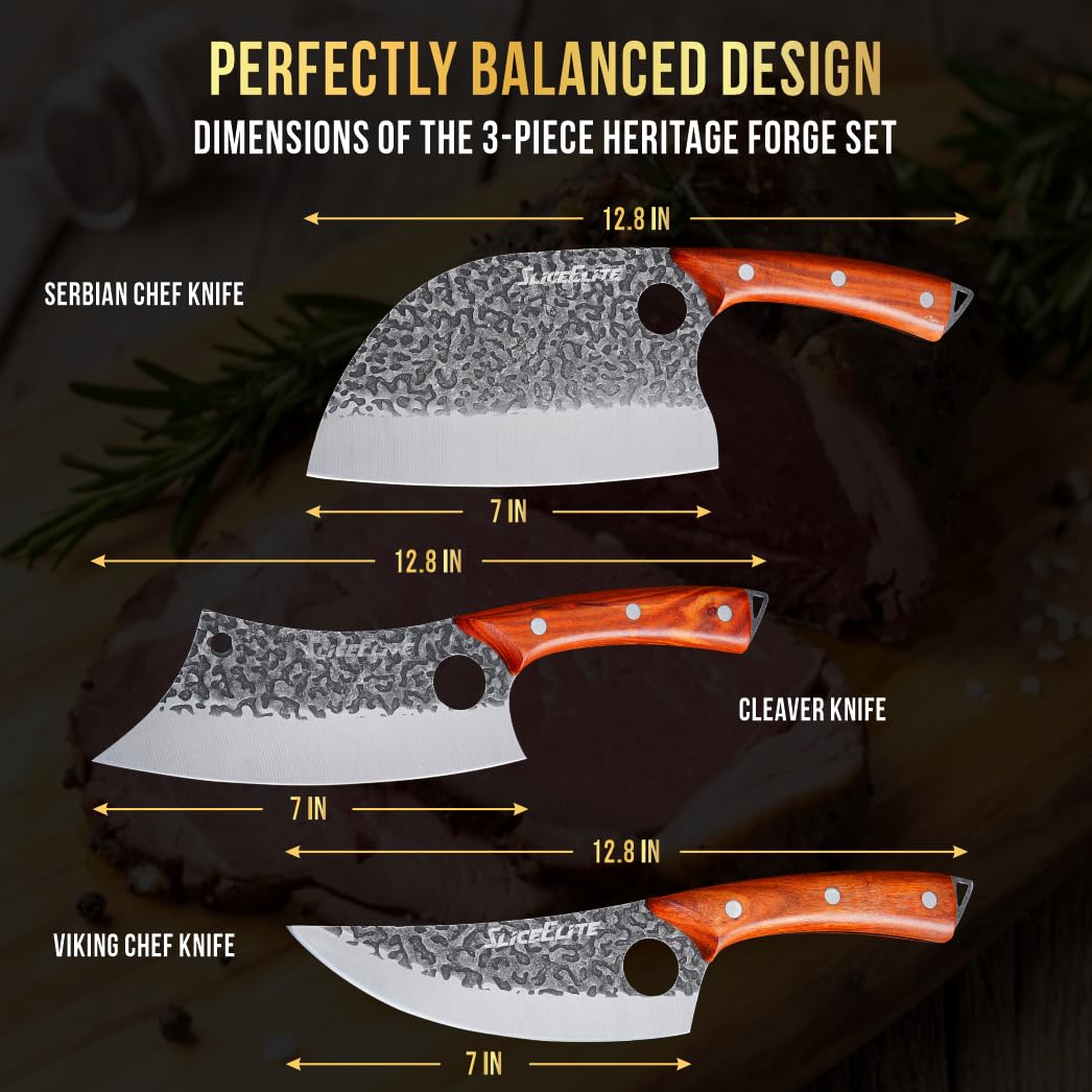 3 Piece BBQ Knife Set Serbian Chef Knife Meat Cleaver Viking Kitchen Knives