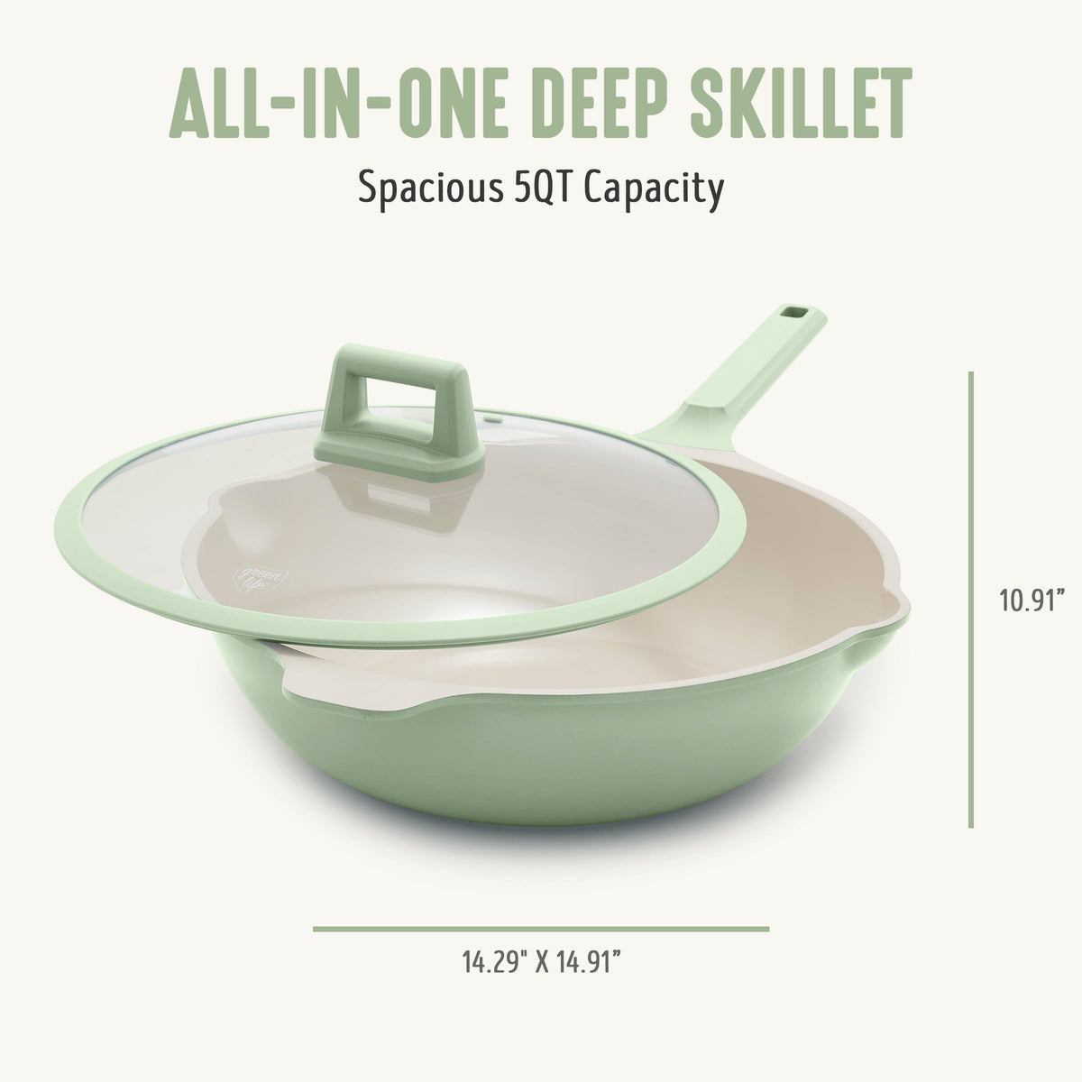 Nonstick 12” 5QT (12" Deep Skillet with Lid / Sage Green)