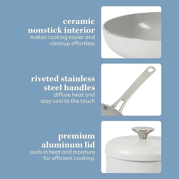 Sur La Table Kitchen Essentials Potluck Porch 10 Piece PFA Free Ceramic Non stick Interior Forged Aluminum Cookware Pots and Pans Set W/Aluminum Lids - Linen White - Induction Compatible