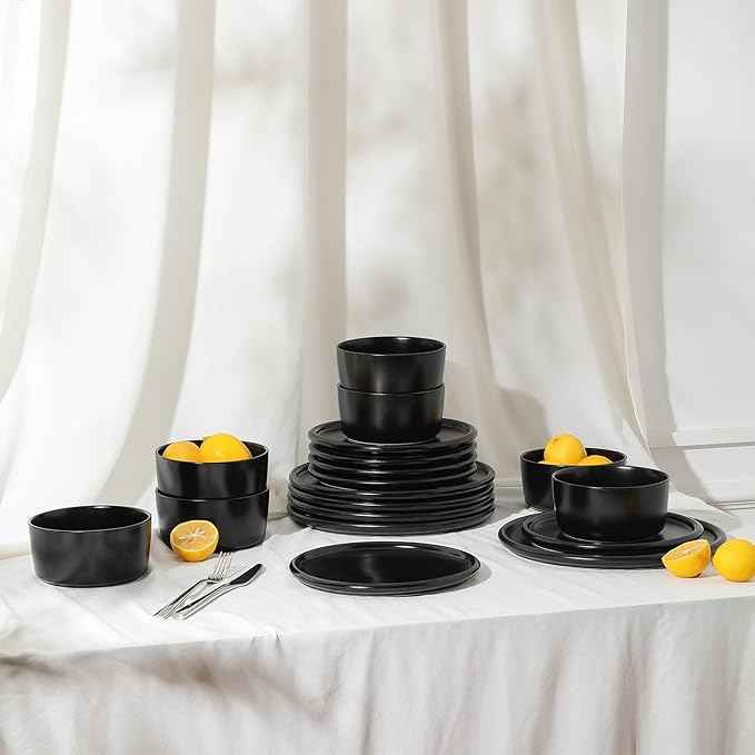 Stone Lain Eden 12-Piece Dinnerware Set Stoneware, Plates and Bowls Set, Dishwasher and Microwave Safe Dish, Dish Set for 4, Black