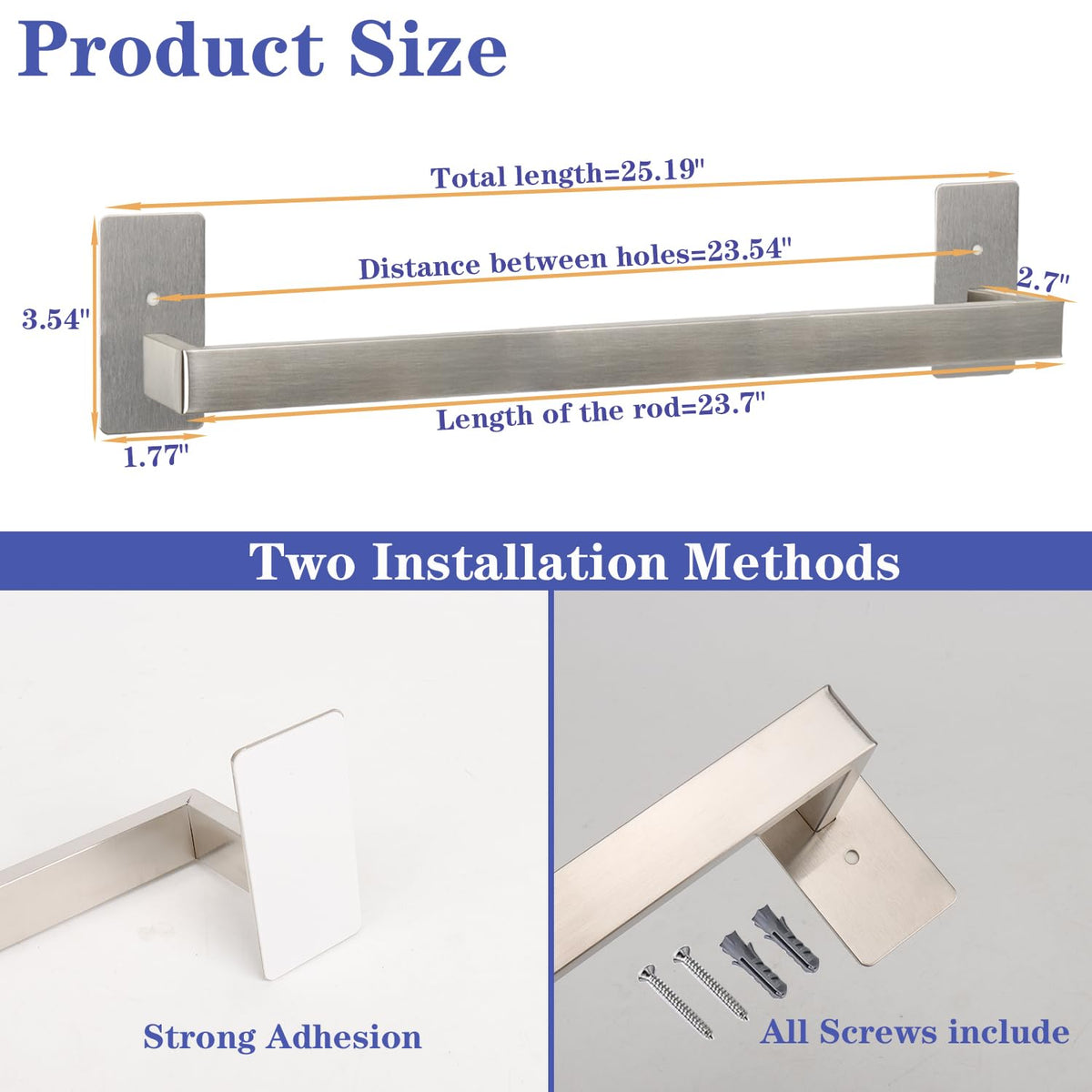 Bathroom Towel Bar Self Adhesive (Brushed Nickel / 24 IN)