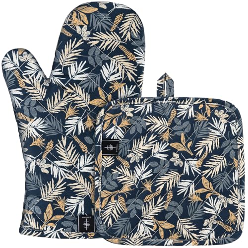 Oven Gloves Heat Resistant Potholder Set Oven Gloves with Anti (Blue Leaves - Set)