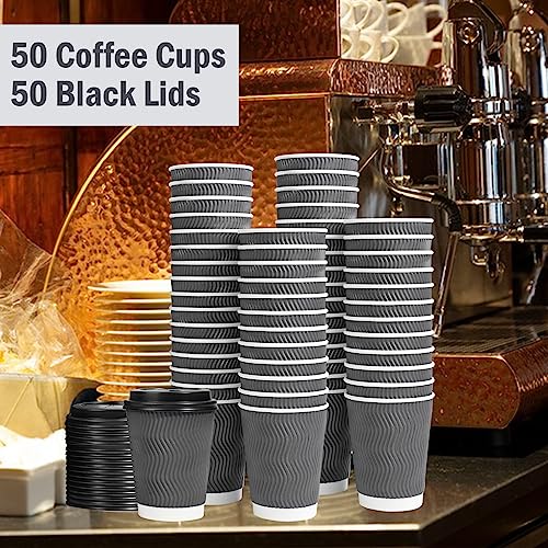 50 Pack 12 oz Insulated Disposable Coffee Cups With Lids (Gray / 12OZ-50Pack)