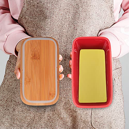 Ceramic Butter Dish with Bamboo Lid and Stainless Steel Knife Spreader (Red)